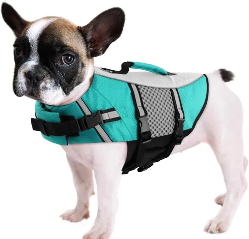 Vista 11 de Chaleco salvavidas para perros, chaleco de natación, ligero, altamente reflectante, para mascotas, con asa de elevación y anillo para correa