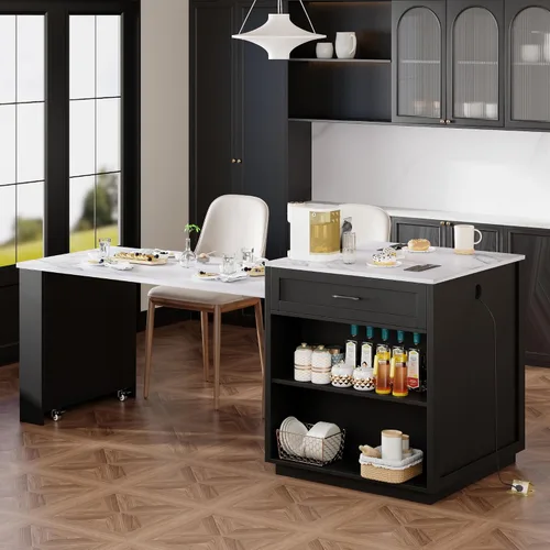 Vista 15 de RUNNA Isla de cocina acanalada de 82.6 pulgadas con mesa de comedor extensible para 4-6, mesa de isla para cocina con toma de corriente, mesa