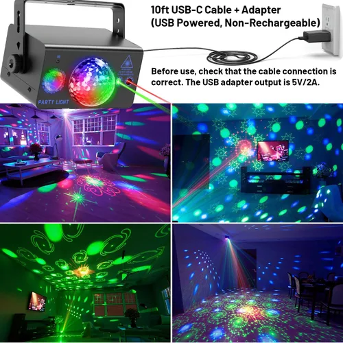 Vista 2 de Luces de fiesta para DJ, bola de discoteca, luz LED de escenario estroboscópica activada por sonido con control remoto para Navidad, club, bar