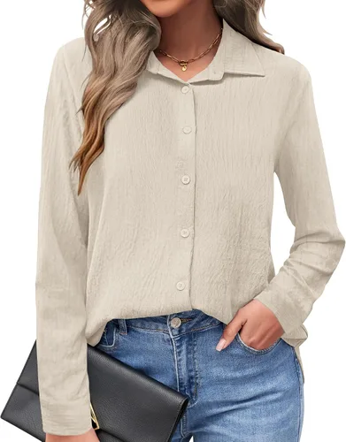 Vista 8 de AUSELILY - Camisas con botones para mujer, manga larga, cuello con botones, blusas casuales para el trabajo y negocios, túnicas
