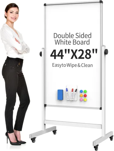 Vista 9 de Pizarra blanca móvil de 40 x 28 pulgadas, pizarra magnética de borrado en seco de doble cara, pizarra blanca ajustable en altura con soporte