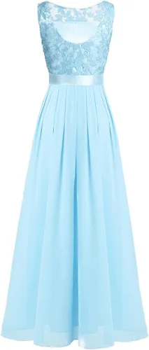 Vista 5 de Vestido largo de gasa bordada para mujer, con encaje de ganchillo, para boda, dama de honor, graduación, noche
