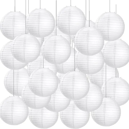 Vista 9 de Treela Paquete de 90 faroles de papel chinos japoneses blancos para colgar al aire libre, globos de papel para decoración de fiesta para bodas