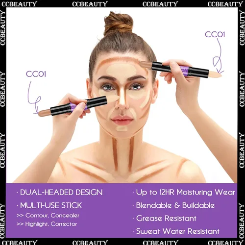 Vista 5 de CCbeauty Barra de contorno mate 2 en 1, barra corrector de doble resaltado, kit de resaltado y contorno, barras bronceadoras para maquillaje