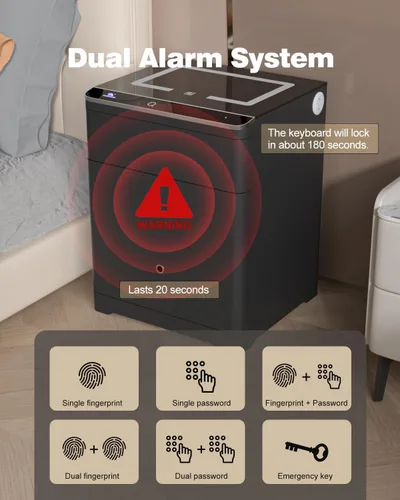 Vista 7 de TIGERKING Caja fuerte biométrica 3 en 1, caja fuerte inteligente para el hogar con estación de carga, cajón de armas, iluminación ajustable segura