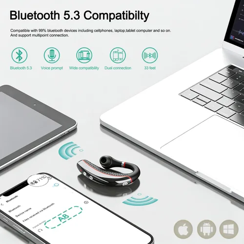 Vista 3 de Auriculares Bluetooth, auricular inalámbrico Bluetooth con funda de carga de 500 mAh para auriculares ultraligeros manos libres V5.3 con micrófono