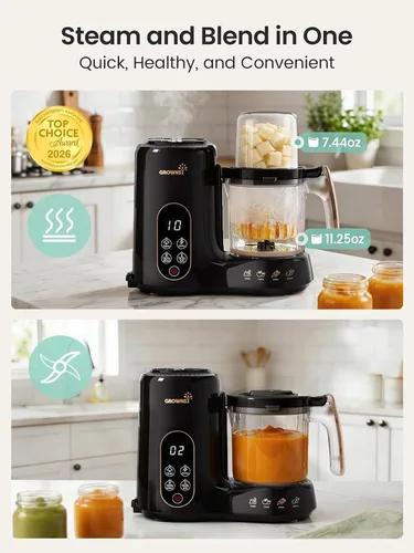 Vista 2 de Grownsy Fabricante y procesador de alimentos para bebés con cesta de vapor Negro y dorado
