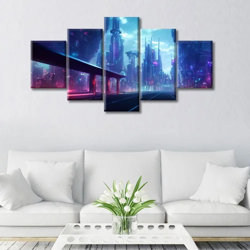 Vista 217 de Cuadros de 5 paneles de Cyberpunk City, arte de pared, representación de vallas publicitarias, edificios modernos en la capital con obras de arte