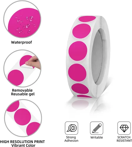 Vista 5 de Calcomanías redondas rosas de 0.50 pulgadas con código de color, impermeable, rollo extraíble de 1000 unidades Rosado