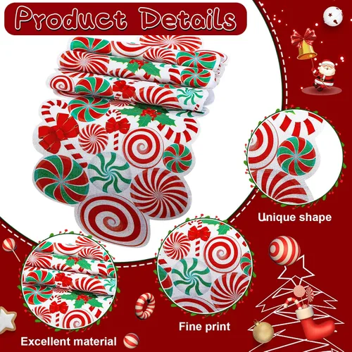 Vista 4 de Kingdder Camino de mesa de Navidad con bastón de caramelo, menta, rojo, blanco, verde, piruleta, moño, mantel de mesa, decoración de fiesta