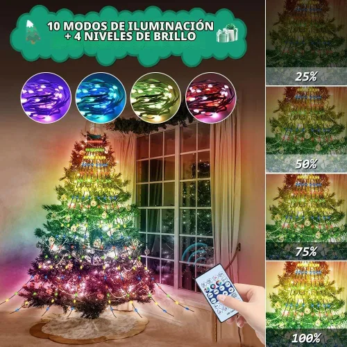 Vista 5 de Cadena de luces para árbol de Navidad con anillo, control remoto inteligente por aplicación, 200 LED