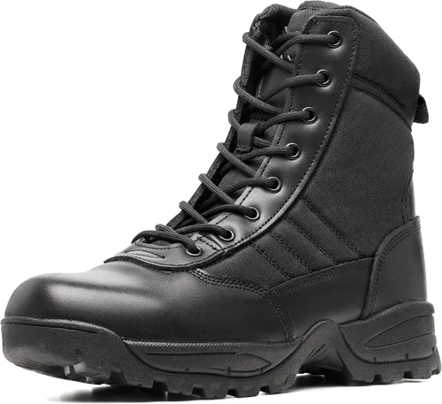 Vista 11 de Botas militares tácticas de trabajo para hombre, de piel negra, impermeables, para motocicleta, combate, militar, con cremallera lateral