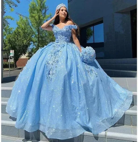 Vista 16 de Ftupza Preciosos vestidos de quinceañera florales 3D vestidos de tul hinchados para mujeres fuera del hombro vestido de fiesta largo FFtu09