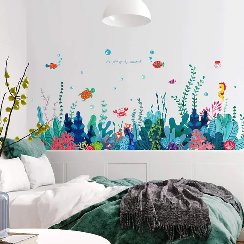Vista 5 de Calcomanía de pared extraíble 3D bajo el mar con vista al mar, calcomanías murales de algas marinas de coral océano, decoración del hogar