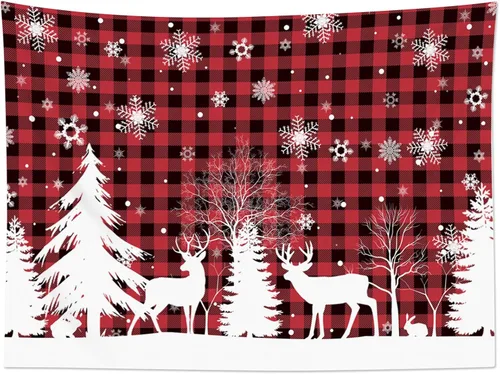 Vista 5 de HVEST Tapiz de nieve de invierno para colgar en la pared, diseño de ciervo y conejo blanco sobre fondo a cuadros rojos y negros, tapiz de copo