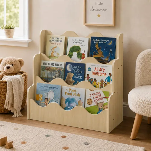 Vista 12 de NACHES Estantería Montessori de 4 niveles para niños, estante de madera con diseño festoneado, organizador de juguetes para guardería, dormitorio