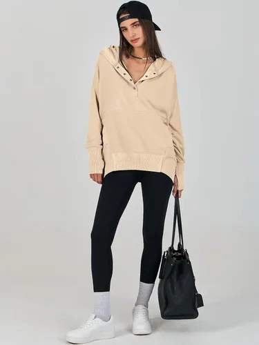 Vista 5 de ANRABESS Sudadera casual con botones y cuello en V para mujer, sudadera de gran tamaño con capucha y bolsillos