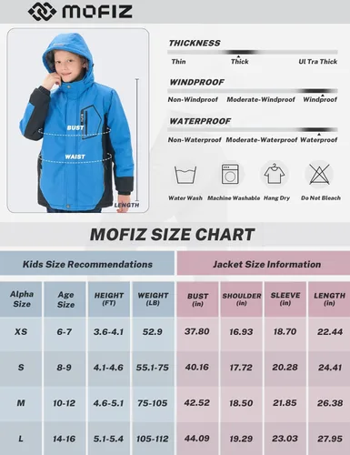 Vista 7 de MoFiz Boys Waterproof Skiing Jacket Kids Hooded Fleece Winter Snowboard Jackets Windproof Warm Outerwear with Zip Pockets