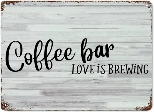 Vista 16 de LUIJORGY Letrero de metal con letras familiares con frases de café Love Is Brewing de grano de madera motivacional, envejecido, elegante