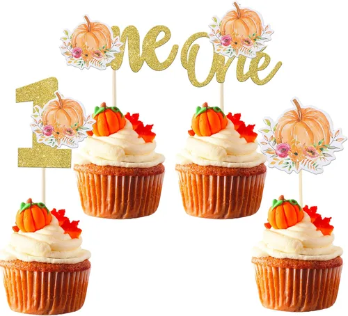 Vista 10 de Rsstarxi Paquete de 24 decoraciones de calabaza con purpurina para cupcakes de primer cumpleaños, decoración de pastel de calabaza para el primer