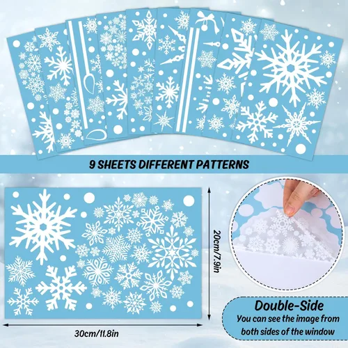Vista 2 de AnyDesign 9 hojas de calcomanías de Navidad para ventana, diseño de copos de nieve, calcomanías de doble cara para decoración de vacaciones, hogar