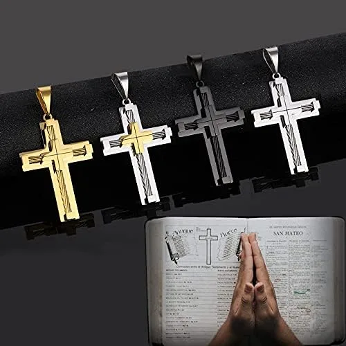 Vista 4 de Collar con colgante de cruz de Jesucristo grande de acero inoxidable 316L, joyería religiosa para hombres, cadena Rolo de 24 pulgadas