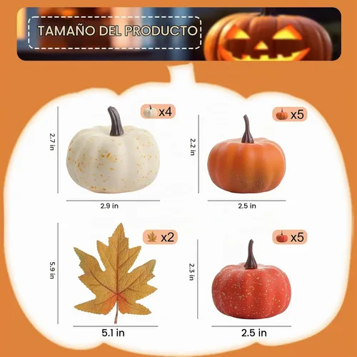 Vista 3 de LZNPA Juego de 16 mini calabazas artificiales artificiales con hojas de otoño, espuma de plástico tallable, pequeñas calabazas blancas