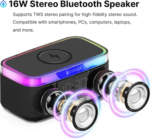 Vista 3 de Altavoz Bluetooth S300, altavoz portátil con carga inalámbrica de 15 W, luz nocturna de 13 colores, alarma, ruido blanco, radio, estéreo de 16 W
