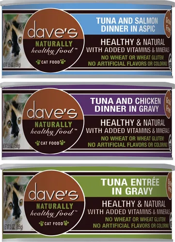 Vista 2 de Dave's Pet Food - Paquete variado de alimentos para gatos sin granos: (4) atún y salmón en Aspic, (4) atún en salsa y (4) atún y pollo en salsa