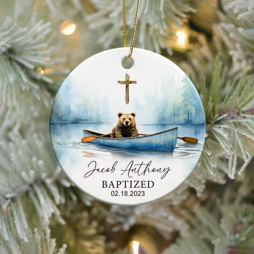 Vista 3 de Adorno de cerámica de bautizo bautizado con oso, recuerdo de bautizo personalizado de animales, adorno de bautismo personalizado de Dios bendiga