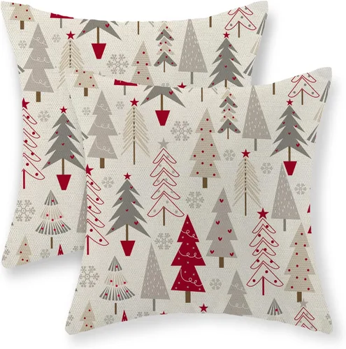 Vista 17 de Juego de 2 fundas de almohada navideñas de 16 x 16 pulgadas, fundas de almohada de lino color rojo con diseño de alces y ciervos de invierno