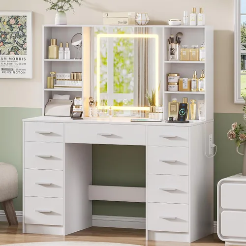 Vista 13 de Escritorio negro con espejo y luces, tocador de maquillaje con 9 cajones, 6 estantes y toma de corriente, espejo de pantalla táctil, tocador