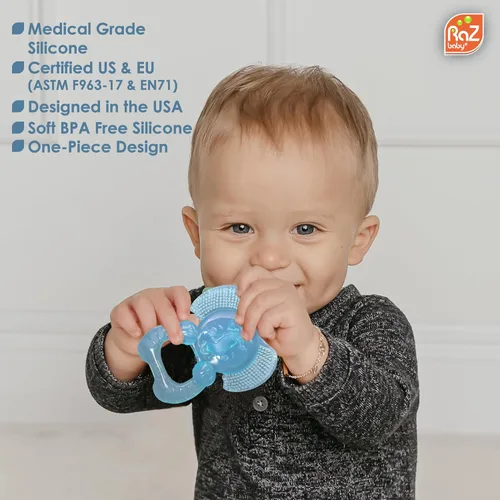 Vista 3 de RaZbaby Elfy-Yummy - Juguete para aliviar la dentición, diseño de elefante, silicona de grado médico con cerdas ultra suaves para calmar