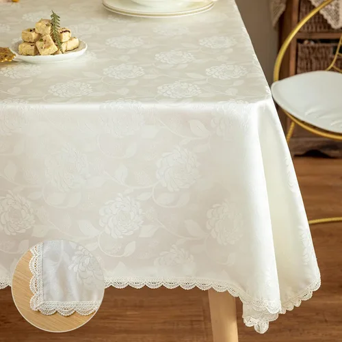 Vista 8 de GLORY SEASON Mantel redondo impermeable a prueba de derrames, de tela de damasco con ribete de encaje, para decoración de mesa de boda, cocina