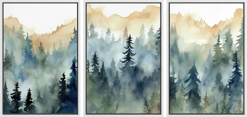 Vista 107 de MUDECOR Lienzo enmarcado para pared, juego de arte de acuarela pastel, bosque de pinos, naturaleza silvestre, ilustraciones modernas, decorativas