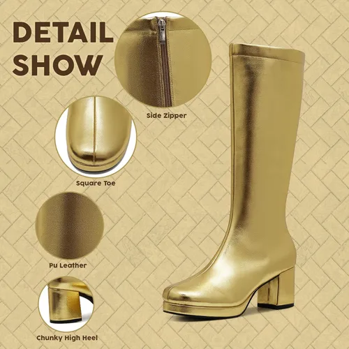 Vista 4 de CYNLLIO Botas de media pantorrilla para mujer, botas de plataforma de tacón alto grueso, botas de moda de piel sintética de color sólido, botas
