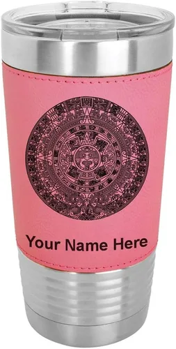 Vista 9 de LaserGram Vaso aislado al vacío de 20 onzas, calendario azteca, grabado personalizado incluido (piel sintética, estilo béisbol)