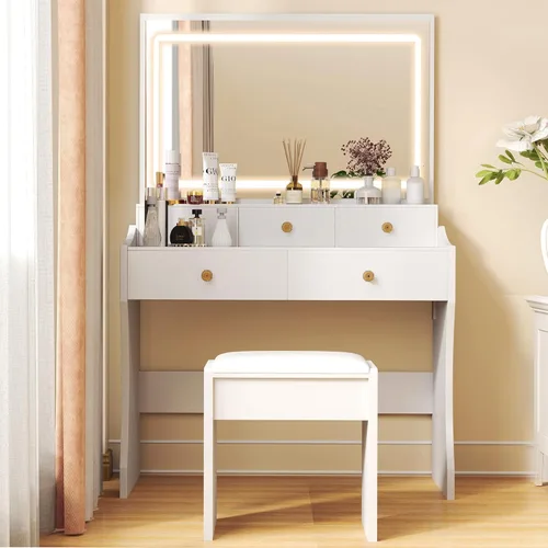 Vista 2 de COMHOMA Escritorio de tocador de maquillaje con espejo y luces, juego de mesa de tocador y silla con 5 cajones y estación de carga, cómoda