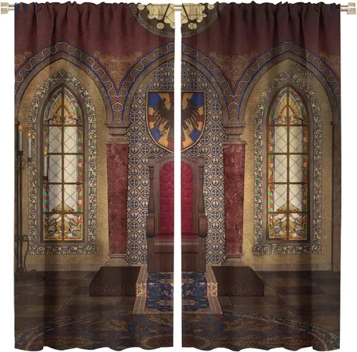 Vista 28 de Cortinas opacas góticas, diseño de calavera de terror de palacio retro, fondo de rosas rojas, sala de estar, dormitorio, cocina, cortinas de ventana