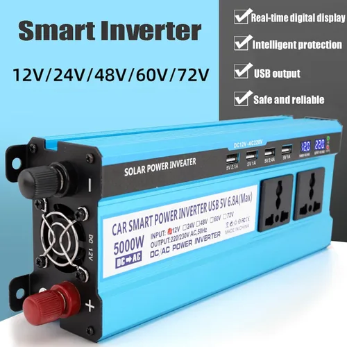 Vista 2 de Inversor de alta potencia de 5000 W DC 12V/24V/48V/60V a 220V/110V Convertidor de inversor 3 AC enchufes universales 4 USB con pantalla LED, 12 V