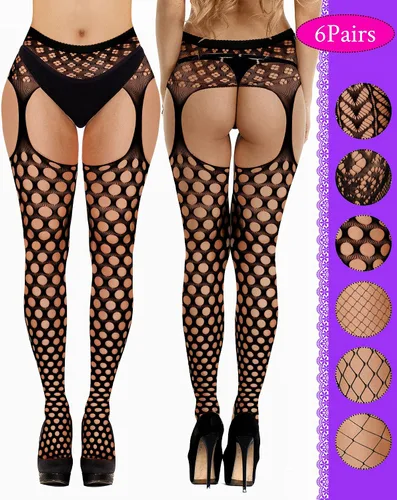 Vista 4 de 6 Pairs Women Fishnet Stockings Thigh High Stockings Garter Stockings Suspender Pantyhose Stocking Women Lingerie