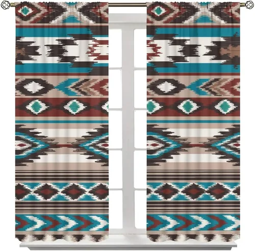 Vista 283 de Cortinas con patrón geométrico tribal, estilo suroeste, azteca, rústico, occidental, nativo americano, opacas, con bolsillo para barra, decoración