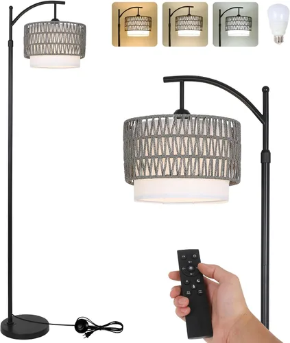 Vista 13 de Lámpara de pie de arco con control remoto, lámpara de pie LED regulable con 3 temperaturas de color, lámpara de pie negra con pantalla de doble