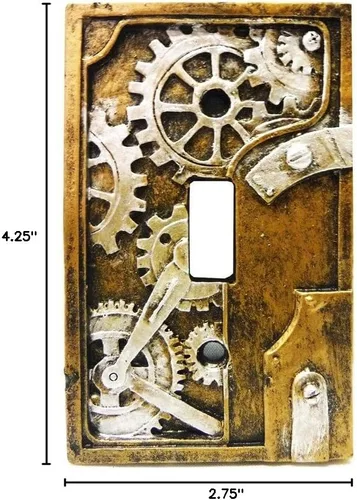 Vista 2 de Cubierta para placa de interruptor de luz Steampunk de resina de 4.25 pulgadas, gris/dorado