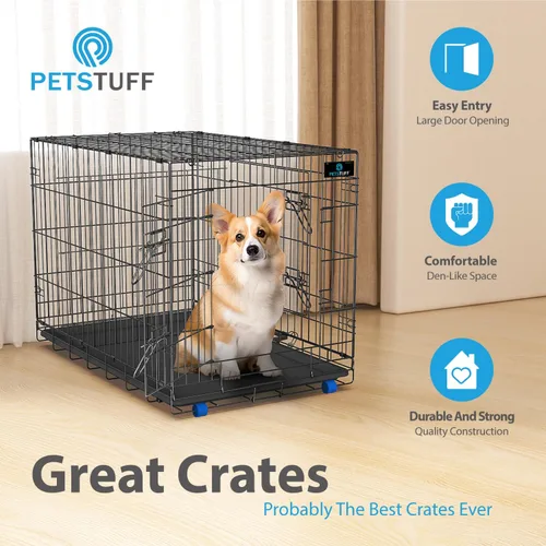 Vista 3 de PetsTuff Great CRATES - Jaula grande para perros de 36 pulgadas, perrera resistente con panel divisor para mascotas de 40 a 60 libras, bandeja