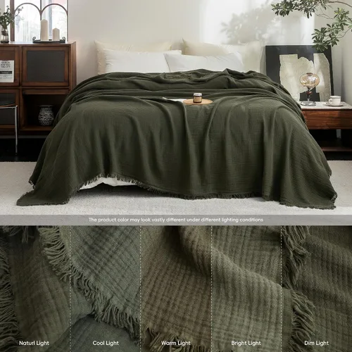 Vista 34 de FOSSA Manta de Muselina con Flecos - Gasa de Algodón 100% de 4 Capas Súper Suave y Transpirable - Manta Decorativa Ligera y Refrescante para Cama