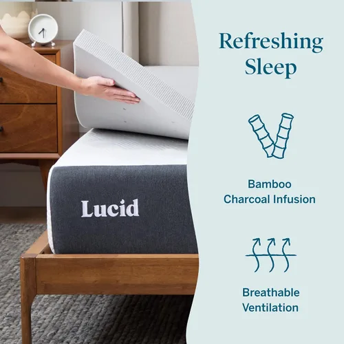 Vista 2 de Lucid Cubrecolchón de espuma viscoelástica con infusión de carbón de bambú de 2 pulgadas - Tamaño Twin - Control de humedad y olor - Ventilado