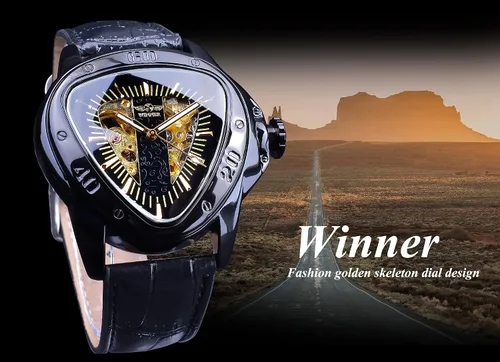 Vista 3 de Winner Fashion - Reloj de pulsera mecánico triangular de carreras, esfera de esqueleto dorado impermeable, movimiento automático, reloj mecánico