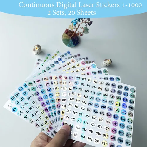 Vista 3 de 20 hojas de 1 a 1000 calcomanías reflectantes impermeables con números láser, calcomanías redondas autoadhesivas, calcomanías de organización