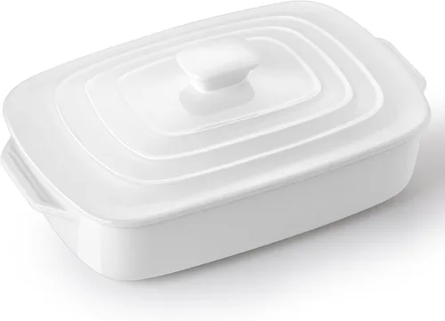 Vista 10 de Lareina Cacerola grande de cerámica con tapa, 4.0 cuartos de galón, platos cubiertos rectangulares de piedra para hornear para horno, cacerolas